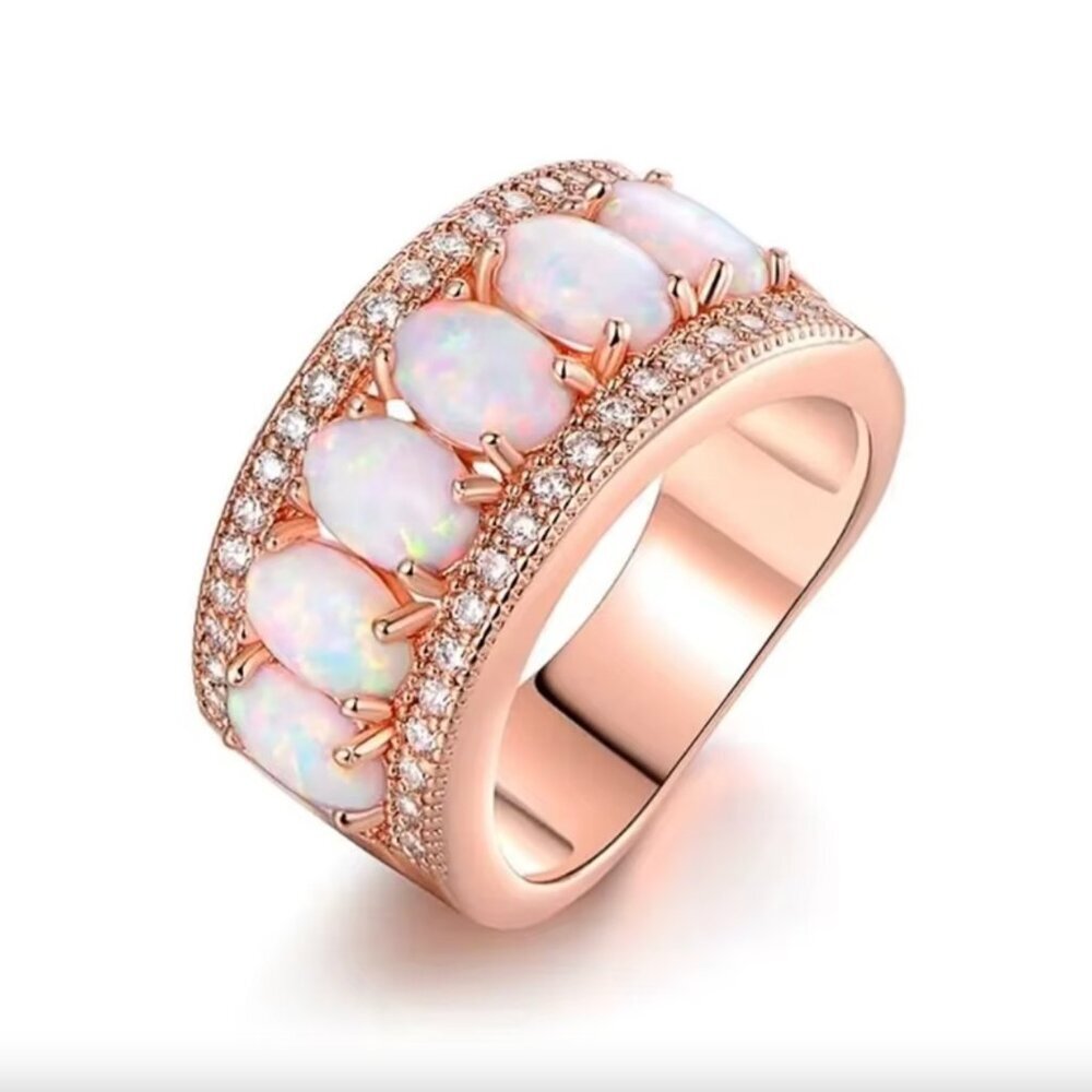 NEW 18k Rose Gold Diamond Opal Ring Band Wide Ring - Picture 5 of 5